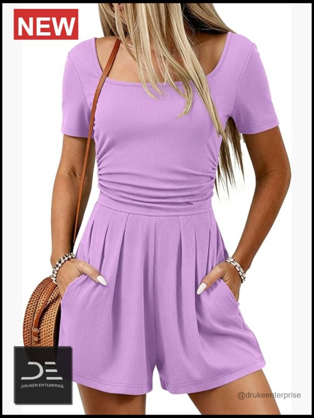 Short Sleeve Square Neck Romper Jumpsuit with Pockets